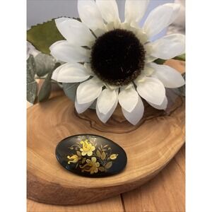 Vintage Hand Painted Lacquered Flower Brooch Oriental Black Multi